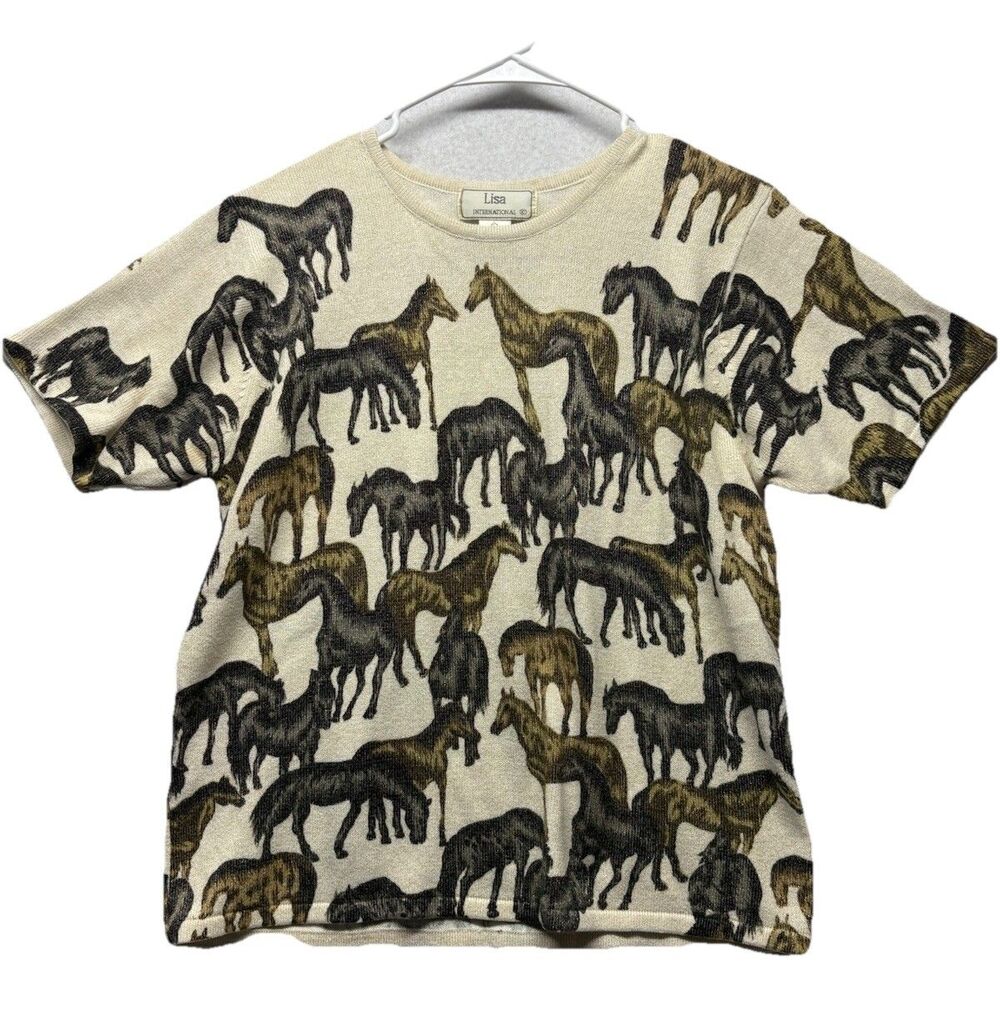 Lisa International Short Sleeve Sweater Metallic Horse Vintage Size L Equestrian